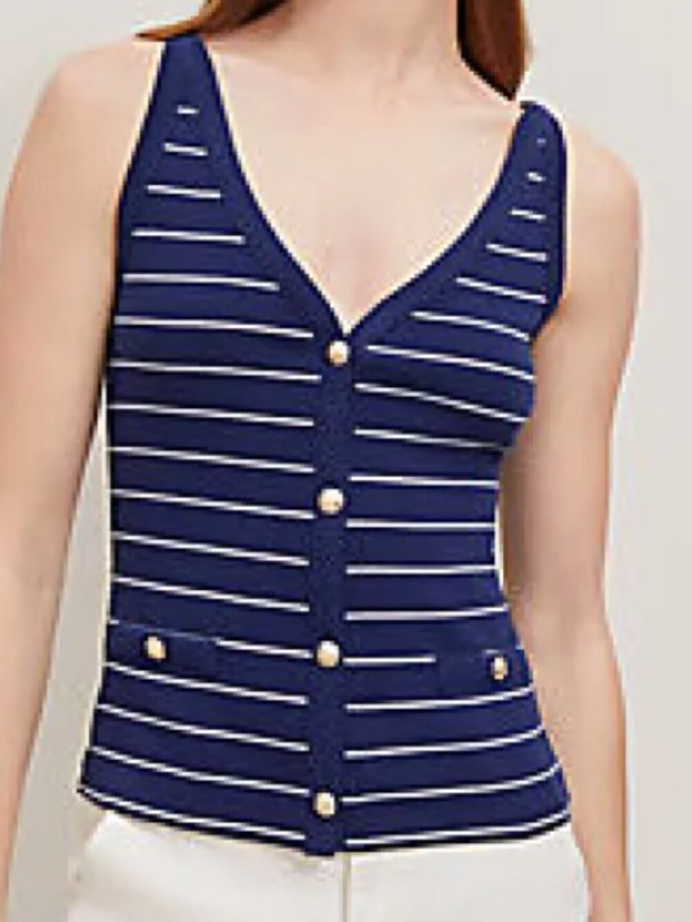 Ann Taylor Striped Button-Front Tank Top in Navy Stripe, Size M NWT